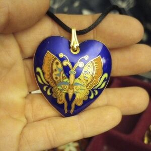 Blue Heart Cloisonne Pendant with Butterfly Design, Nylon Cord EUC